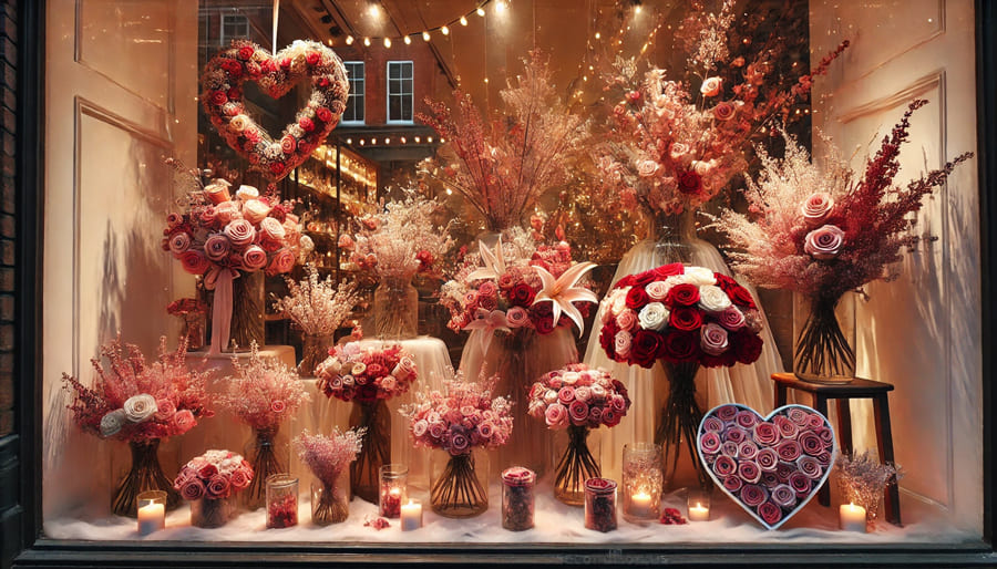 A vibrant Valentine’s Day themed window display in a brick and mortar flower shop